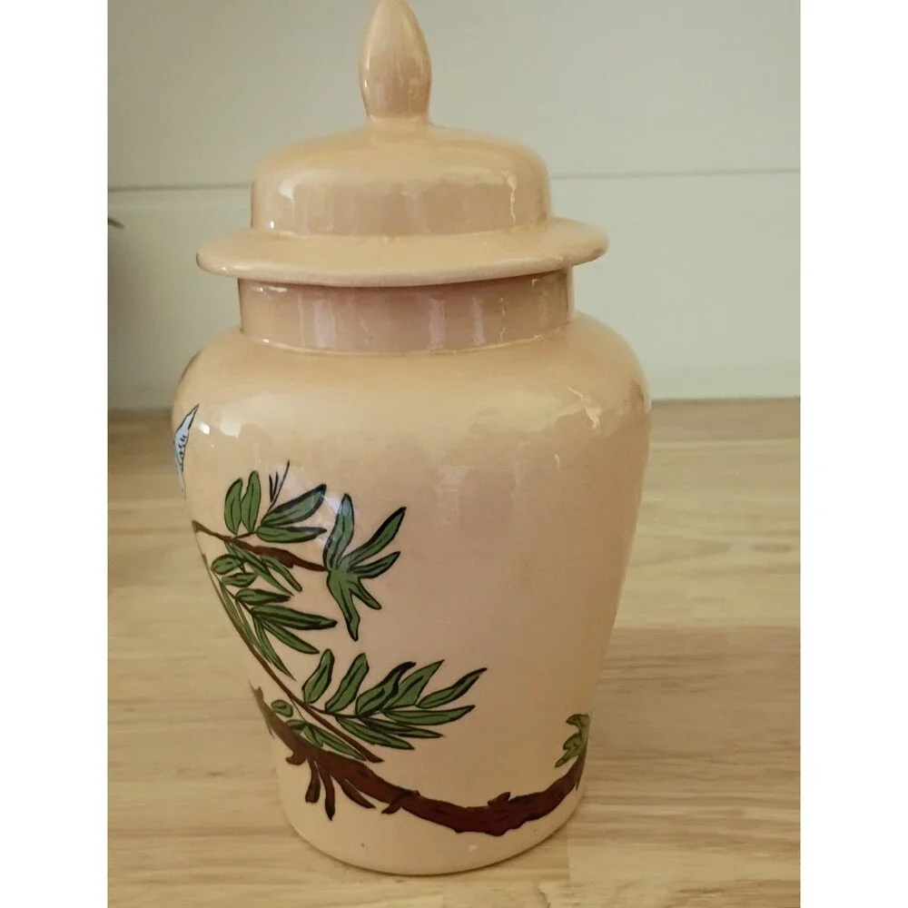 Vintage 1975 Hand Painted Birds on Branch Ginger Jar Signed by JCR Beautiful